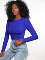 Long sleeve open neck ribbed shirts for women - Image 5