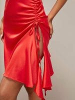 One Shoulder Drawstring Side Asymmetrical Hem Satin Dress  ( Red ) - Image 2