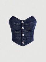 SHEIN MOD Raw Hem Button Front Tube Denim Top