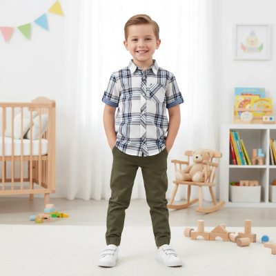 Ben Sherman baby boy clothes Casual Outfit Set Blue Plaid Shirt and Olive Green Trousers