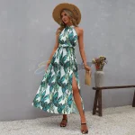 Tropical Print Halter Neck Split Thigh Belted Dress