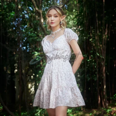 Fairycore Floral Puff Sleeve Lace-Up Dress