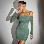Glitter Ruffle Asymmetric Neck Bodycon Dress