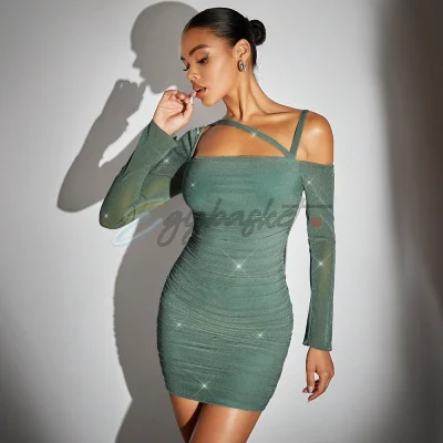 Glitter Ruffle Asymmetric Neck Bodycon Dress