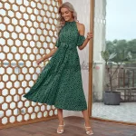 Print Wrap Belted Flounce Sleeve Dress - Image 2