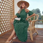 Print Wrap Belted Flounce Sleeve Dress