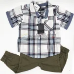Ben Sherman baby boy clothes Casual Outfit Set Blue Plaid Shirt and Olive Green Trousers - Image 3