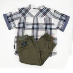 Ben Sherman baby boy clothes Casual Outfit Set Blue Plaid Shirt and Olive Green Trousers - Image 2