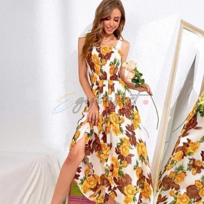SHEIN VCAY Allover Floral Shirred Bodice Knotted Cami Dress