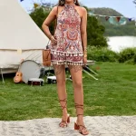 bohemian paisley print sleeveless halter neck dress