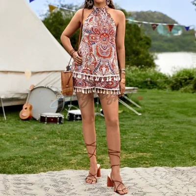 bohemian paisley print sleeveless halter neck dress
