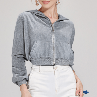 SHEIN EZwear Solid Zip Up Drop Shoulder Thermal Lined Crop Hoodie