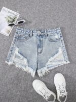 SHEIN Teen Girls Ripped Raw Hem Denim Shorts - Image 2
