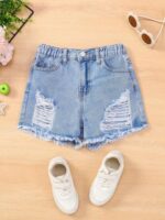 SHEIN Teen Girl Frayed Denim Shorts - Image 5