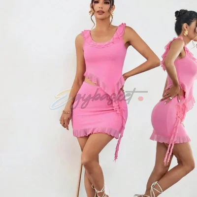 SHEIN Privé Women's Ruffle Trimmed Vest Top & Skirt Suit