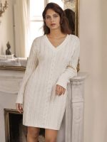 SHEIN Frenchy Solid-Color V-Neck Cable Knit Sweater Dress - Image 4