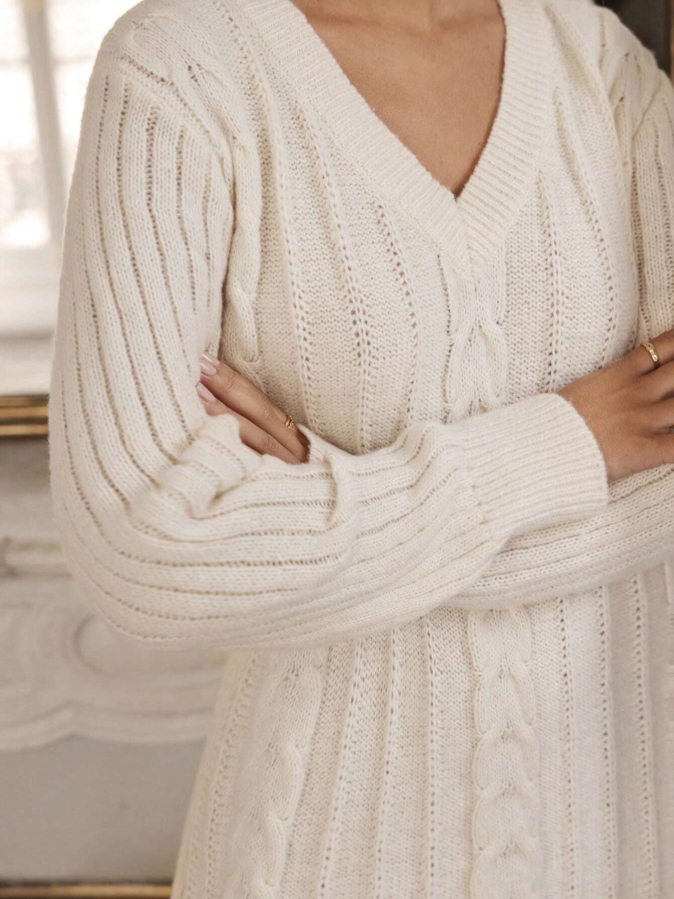 SHEIN Frenchy Solid-Color V-Neck Cable Knit Sweater Dress - Image 2