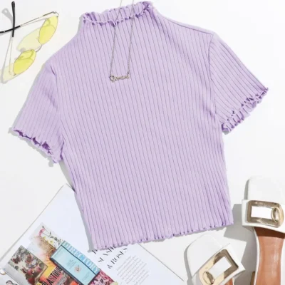 SHEIN Lettuce Trim Rib Knit Tee