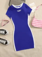 SHEIN Teen Girls Contrast Striped Letter Print Dress