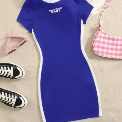 SHEIN Teen Girls Contrast Striped Letter Print Dress