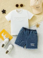 SHEIN  Letter Print Embossed T-shirt and Ripped Jeans Set Street Style