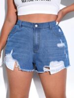 SHEIN Teen Girls Ripped Raw Hem Denim Shorts - Image 15
