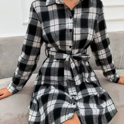 SHEIN Shirt Dress Plaid Button black and white