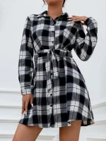 SHEIN Shirt Dress Plaid Button black and white - Image 5