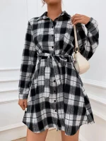 SHEIN Shirt Dress Plaid Button black and white - Image 3