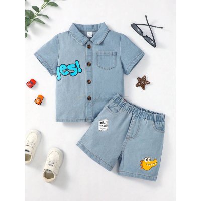 Letter Camiseta Denim & Shorts