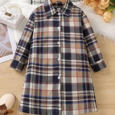SHEIN Young Girl Plaid Overcoat