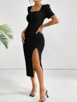 SHEIN Privé Square Neck Ruched Split Thigh Dress