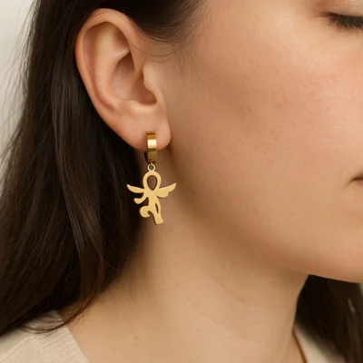 NEFERU Golden Angel Charm Hoop Earring