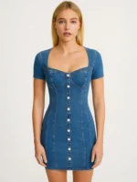 SHEIN MOD Casual Summer Denim Dress With Front Buttons And Sweetheart Neckline