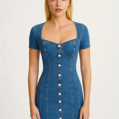 SHEIN MOD Casual Summer Denim Dress With Front Buttons And Sweetheart Neckline