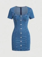 SHEIN MOD Casual Summer Denim Dress With Front Buttons And Sweetheart Neckline - Image 5