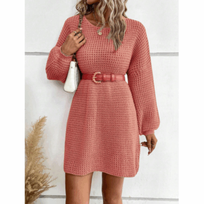 Shein Pink Knitted Long-Sleeve Dress