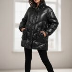 Shein Woman in Shiny Black Puffer Jacket