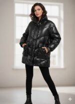 Shein Woman in Shiny Black Puffer Jacket