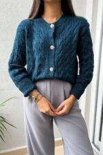 Shein Petrol Blue Stone Cardigan - Image 3