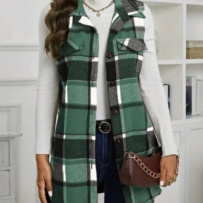 Check Print Sleeveless Jacket With Flap Details