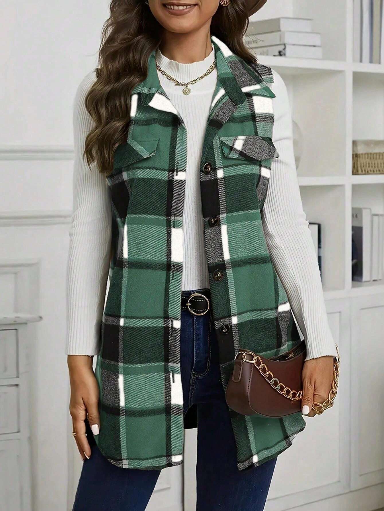 17300998638a99f0369209587321eb101e1b6fe0b4 Check Print Sleeveless Jacket With Flap Details - Image 1
