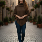 SHEIN Brown Knitted Turtleneck Poncho